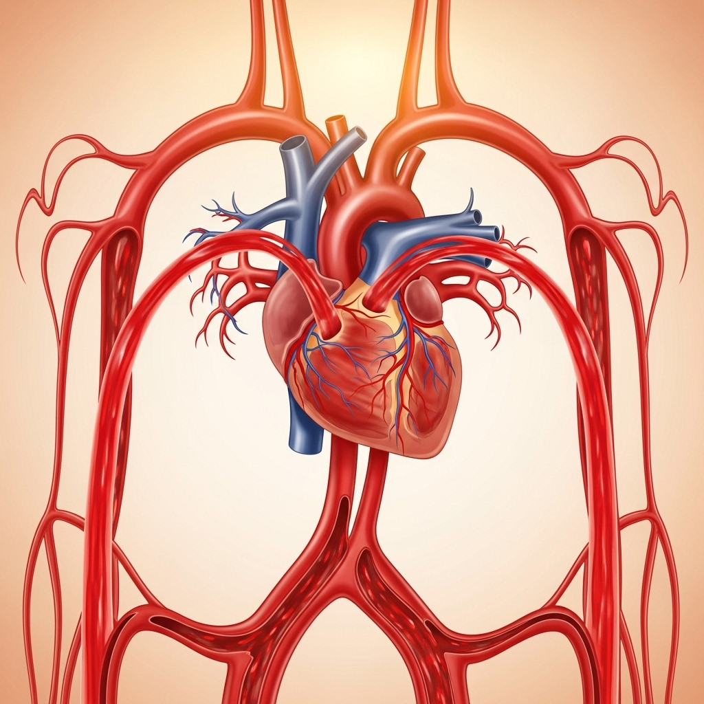 Illustration of healthy blood circulation through arteries and veins, showing vibrant red blood flow, clear vessels, and heart pumping. Medical infographic style, clean design, warm lighting, no text.