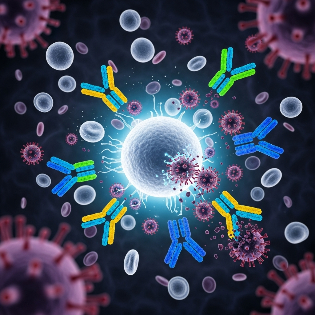 Vibrant illustration of immune cells and antibodies fighting pathogens, showing glowing white blood cells and protective elements. Medical infographic, bright colors, clean design, no text.