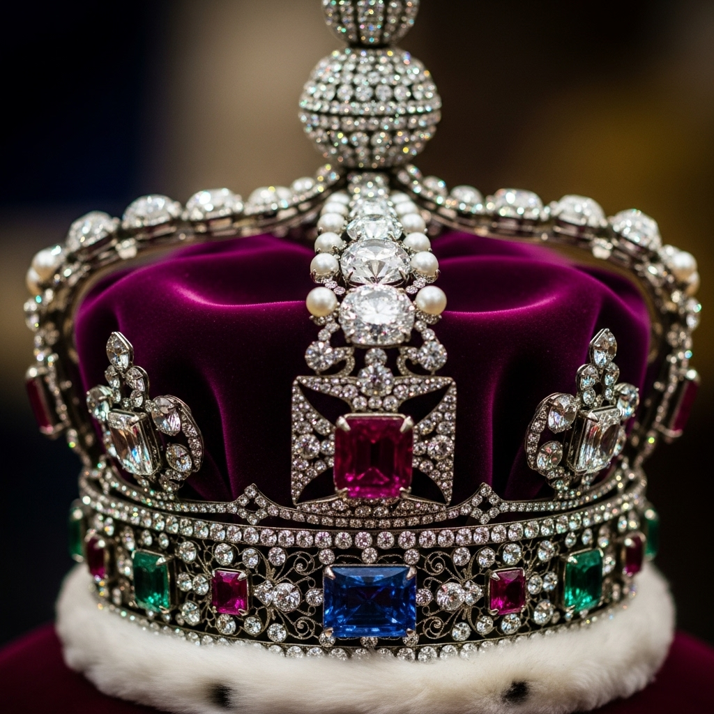 A close-up, majestic image of a British royal crown adorned with large, sparkling diamonds, clearly showing the grandeur and historical significance. Focus on the jewels themselves. Style: royal portrait photography. No text.