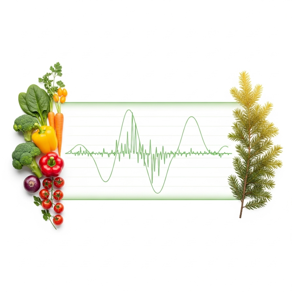 Clean infographic showing stable blood glucose levels, with fresh vegetables and hwangchal tree elements. Health monitoring theme, balanced composition, natural lighting, no text.