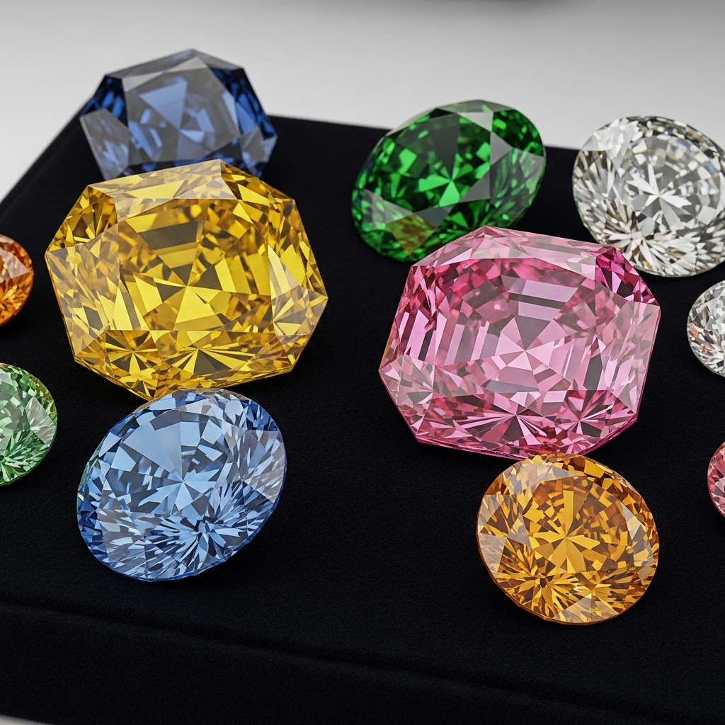 An elegant display of various large, famous colored diamonds, including yellow (like Golden Canary) and pink, showcasing their unique beauty and sparkle. Clean, professional product photography style. No text.