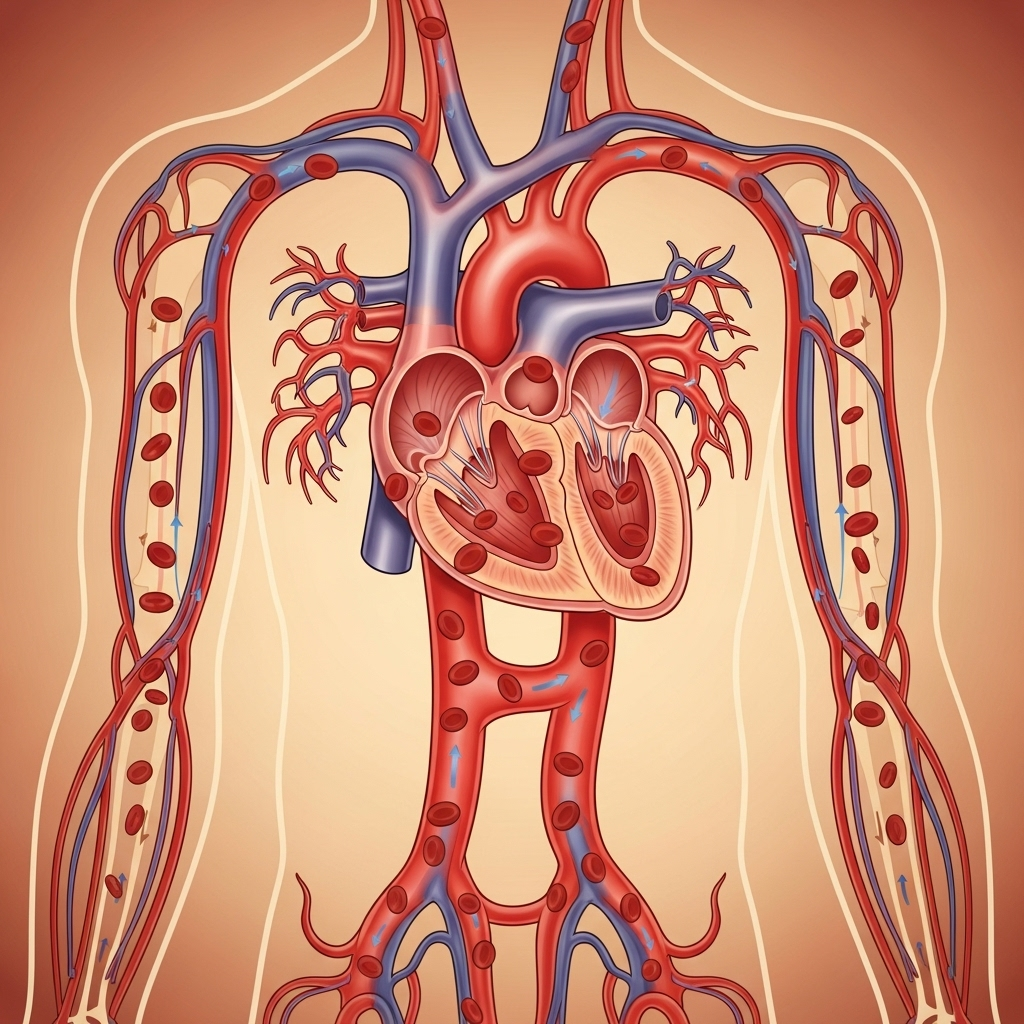 Cross-section illustration of human circulatory system showing blood flow through heart, arteries, and veins. Include red blood cells, medical accuracy with warm lighting, clean infographic style, no text labels.