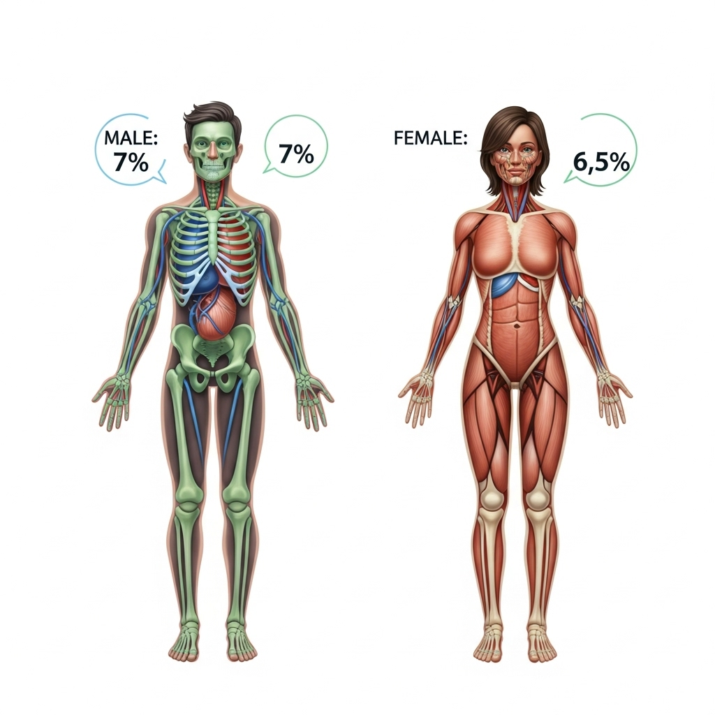 Clean infographic showing blood volume calculation by body weight. Display male and female figures with percentage indicators, medical chart style, realistic human anatomy, soft colors, no text overlays.