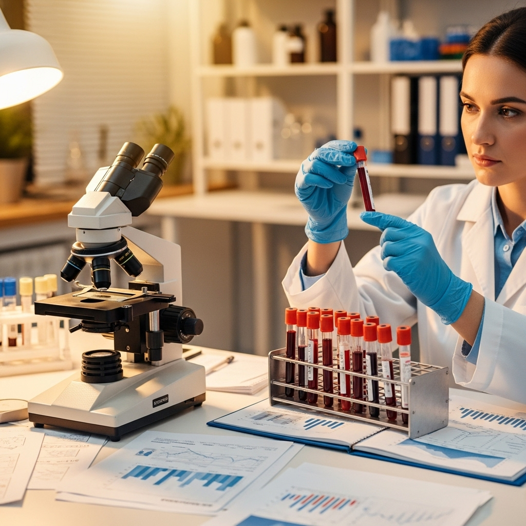Medical laboratory scene with blood samples in test tubes, healthcare professional examining results, microscope, medical charts. Realistic clinical setting with warm professional lighting, no text.