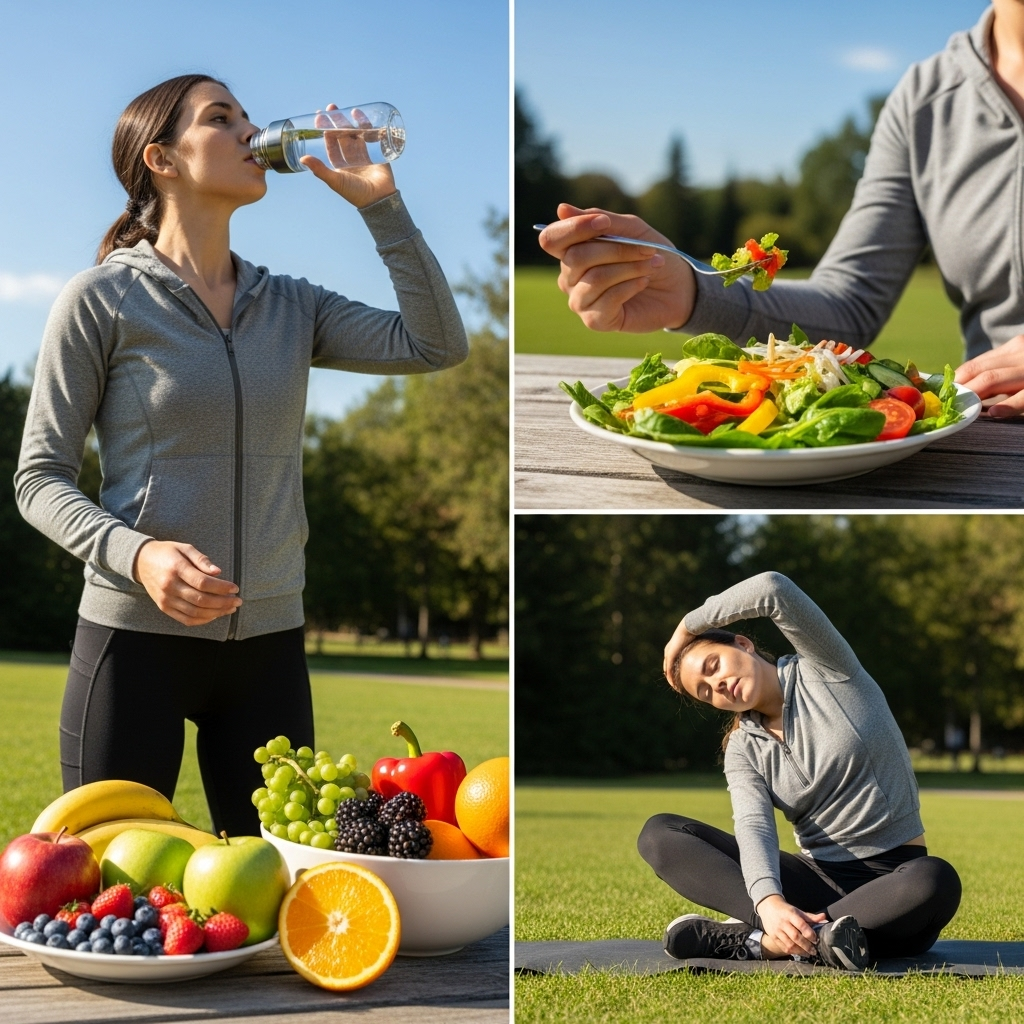Healthy lifestyle scene with person drinking water, eating nutritious food with vegetables and fruits, exercising outdoors. Wellness and vitality theme, bright natural lighting, no text.