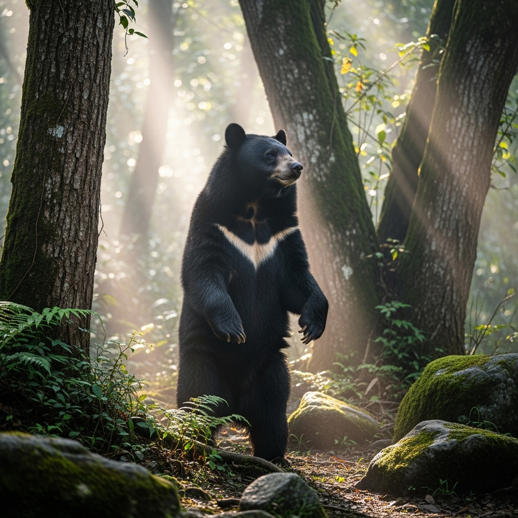 A majestic Asian black bear with distinctive white crescent marking on chest, standing in a misty forest surrounded by ancient trees and natural vegetation, soft morning light filtering through canopy, realistic wildlife photography style, no text