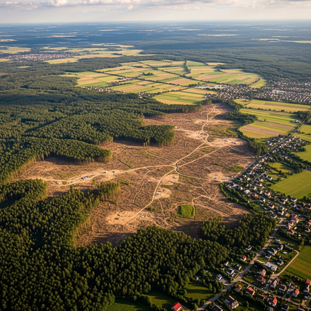 Aerial view of forest fragmentation showing cleared areas and development next to remaining natural forest, highlighting habitat loss and ecological damage, realistic environmental photography style, natural lighting, no text