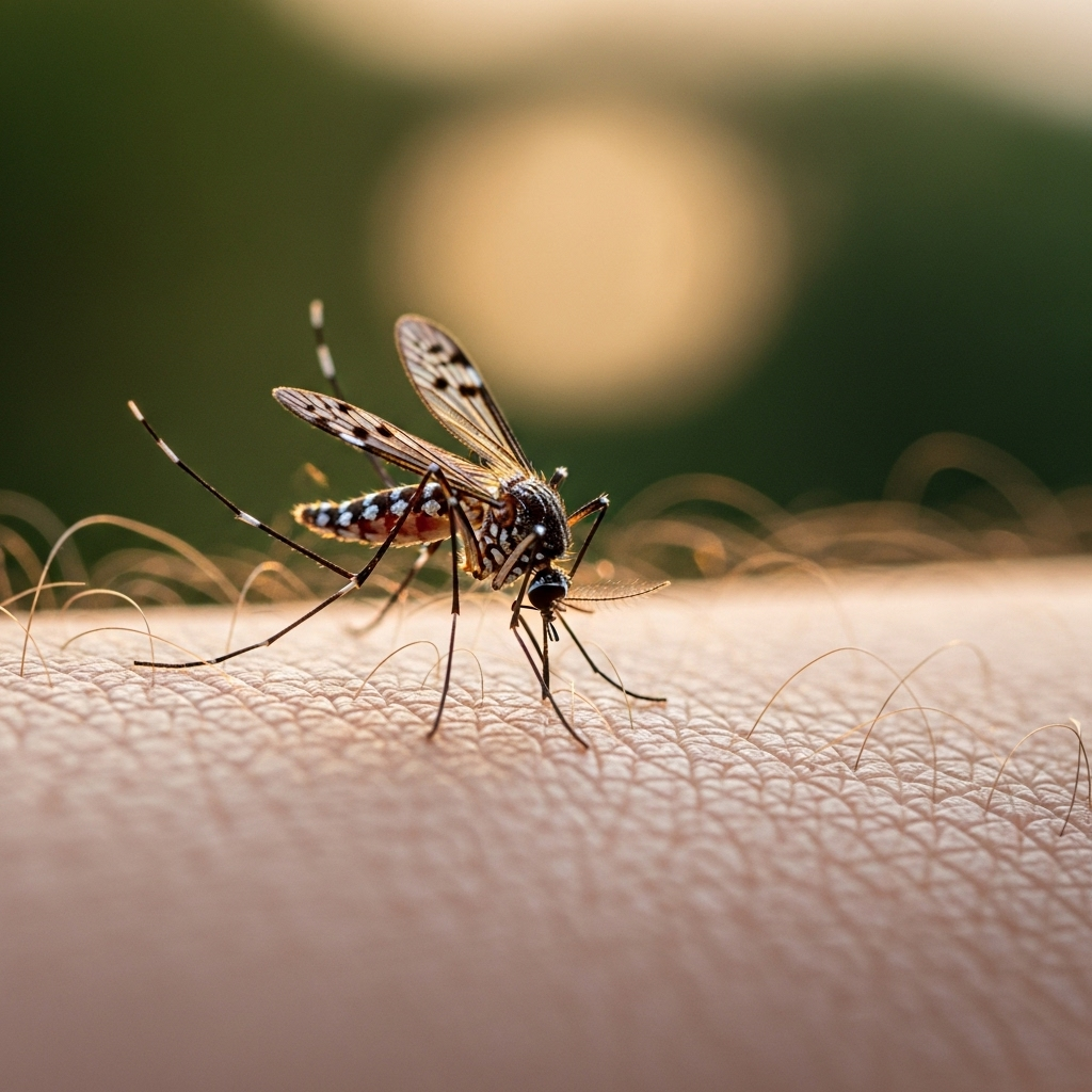 A close-up, realistic lifestyle photography image of an Anopheles mosquito landing on human skin, representing the transmission of malaria. The background is slightly blurred to emphasize the mosquito. Natural, warm lighting. No text in image.