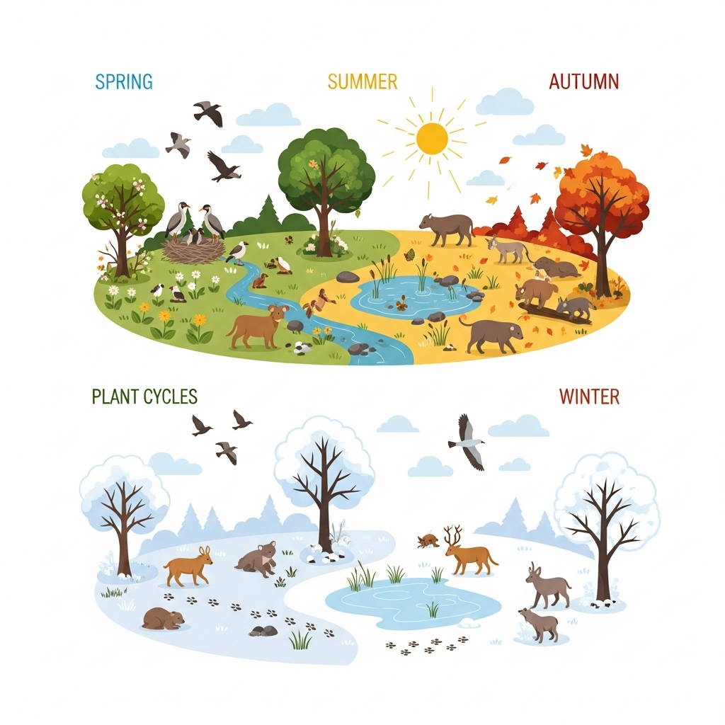 Illustration of seasonal environmental changes showing shifting wildlife patterns, altered plant cycles, and climate impacts on forest ecosystem, clean infographic style with natural elements, no text