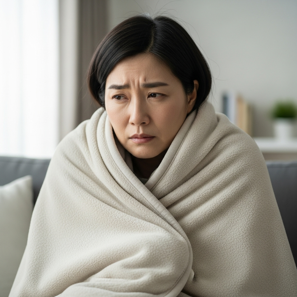 A realistic lifestyle photography image of a Korean person (adult) experiencing severe chills and fever, wrapped in a blanket, looking uncomfortable. The setting is a home environment with soft, indirect lighting. No text in image.