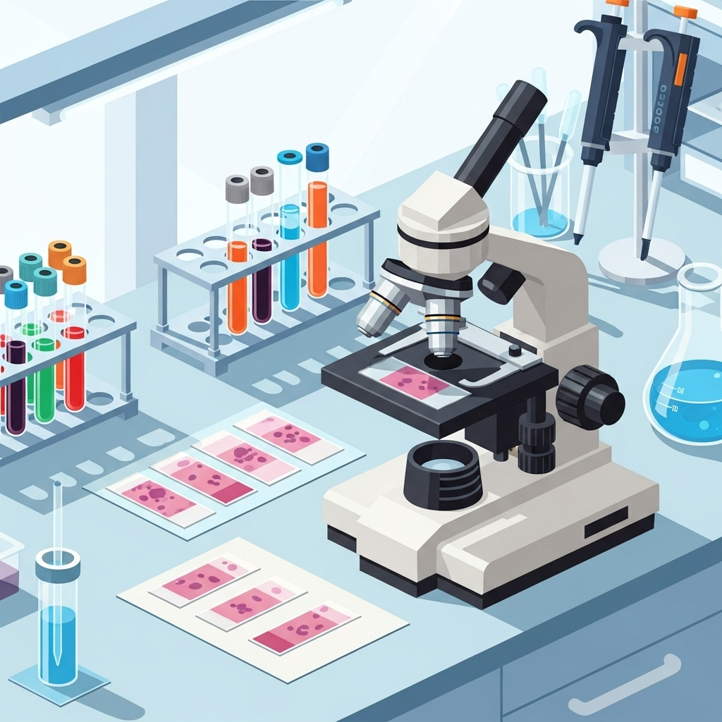 An infographic style image showing a laboratory setting with a microscope, blood smear slides, and test tubes. Emphasize the scientific and diagnostic nature of malaria testing. Clean, bright lighting. No text in image.