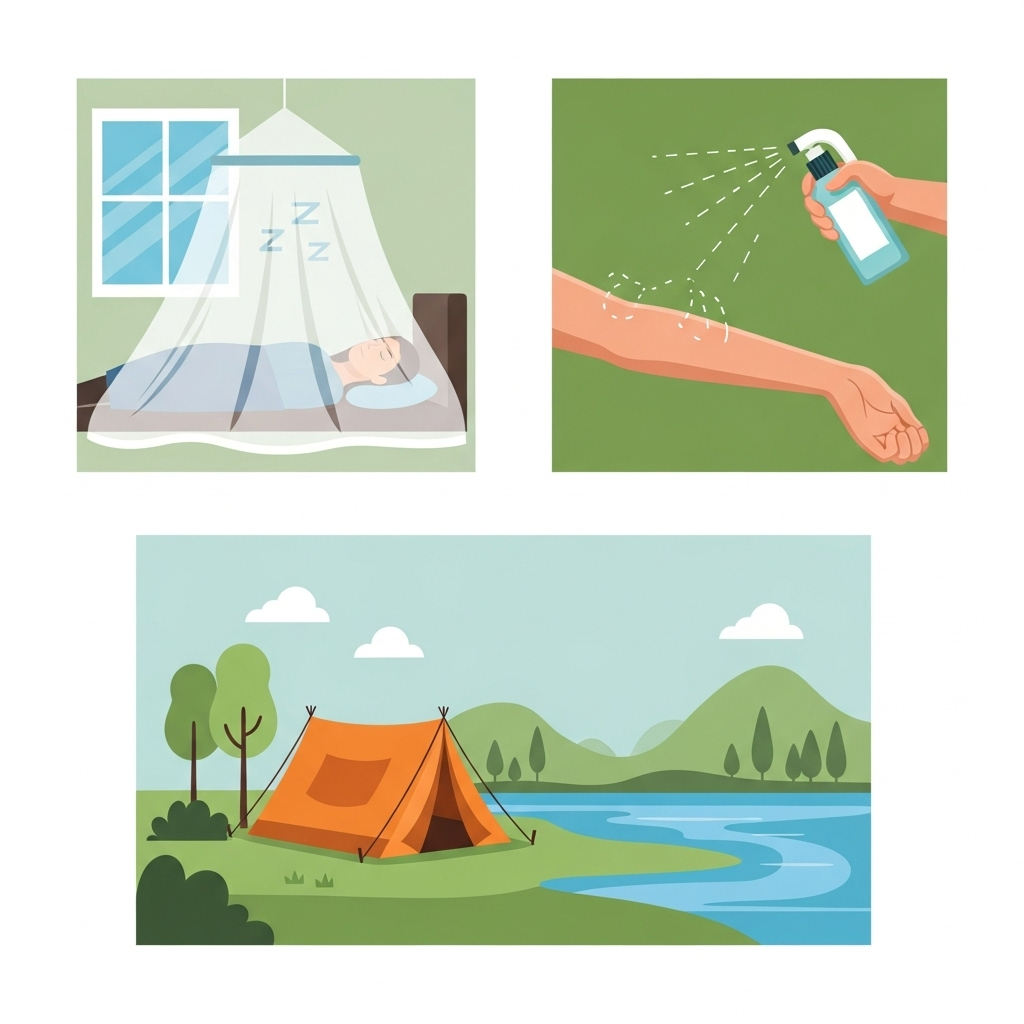 A clean, informative infographic showing various methods of malaria prevention, including a person sleeping under a mosquito net, an arm being sprayed with insect repellent, and a camping scene in a safe environment. Use clear, stylized icons and natural colors. No text in image.