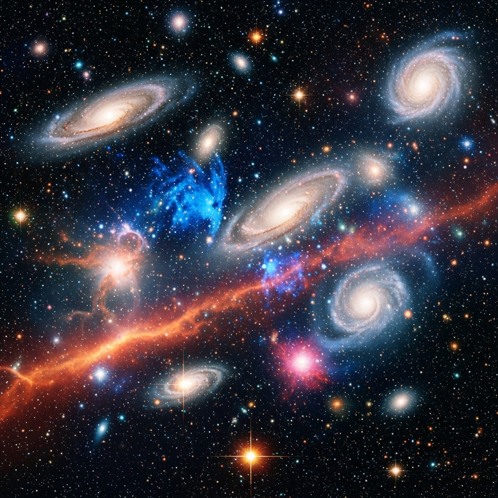 A breathtaking view of the cosmos with countless stars, galaxies, and nebulae stretching across the deep space. Show the vastness of the universe with rich colors, distant galaxies, and cosmic dust. Realistic astronomical illustration style, natural lighting from distant stars, no text.