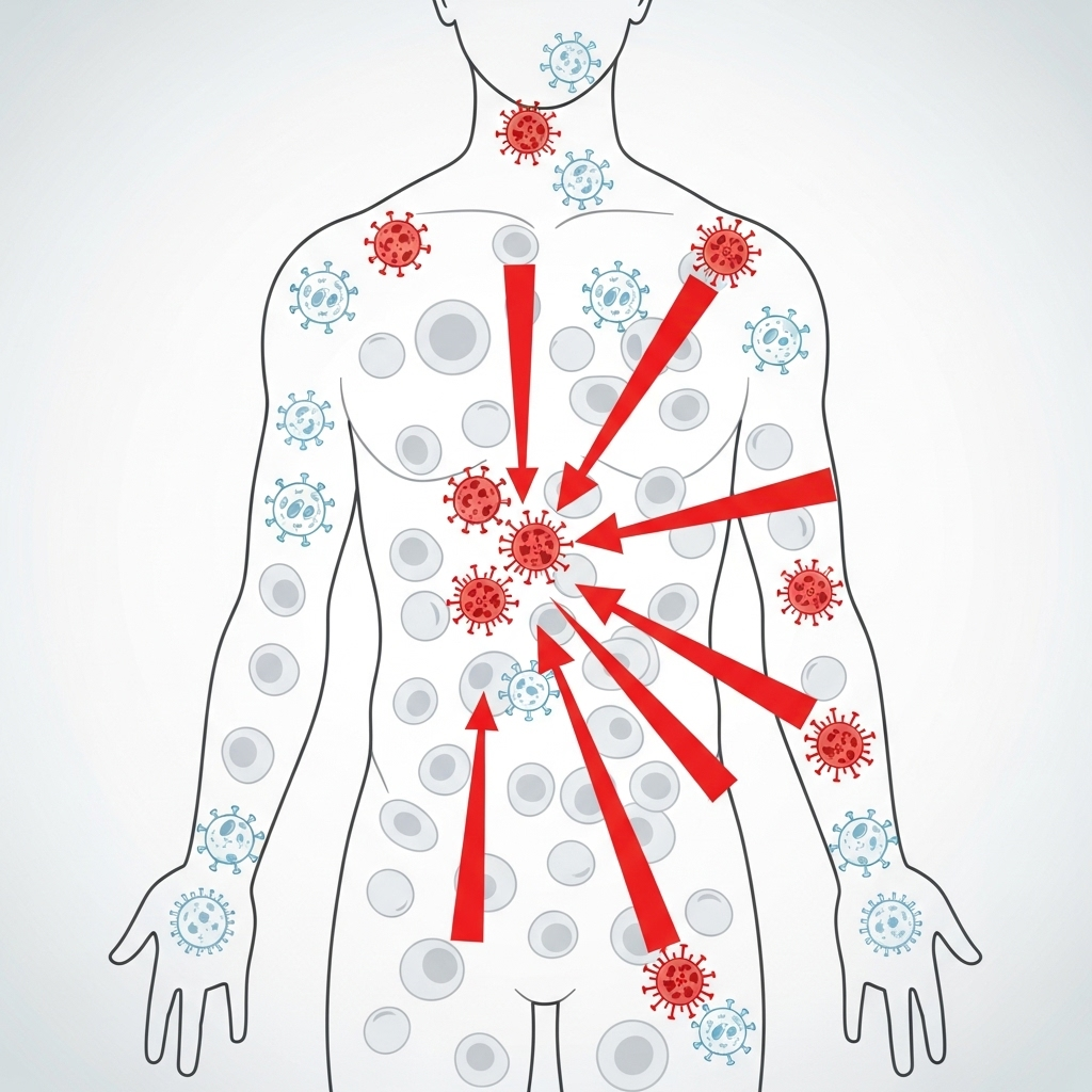 A clean infographic showing the human body with immune cells mistakenly attacking healthy body cells. Arrows indicate self-attack. Style: clean infographic. No text.