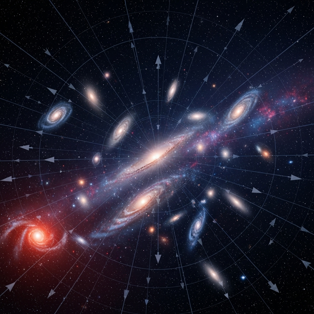 A cosmic visualization showing the expansion of the universe over time, with galaxies moving apart, space stretching, and the universe growing larger. Show the concept of cosmic expansion with realistic deep space imagery, infographic elements, no text.