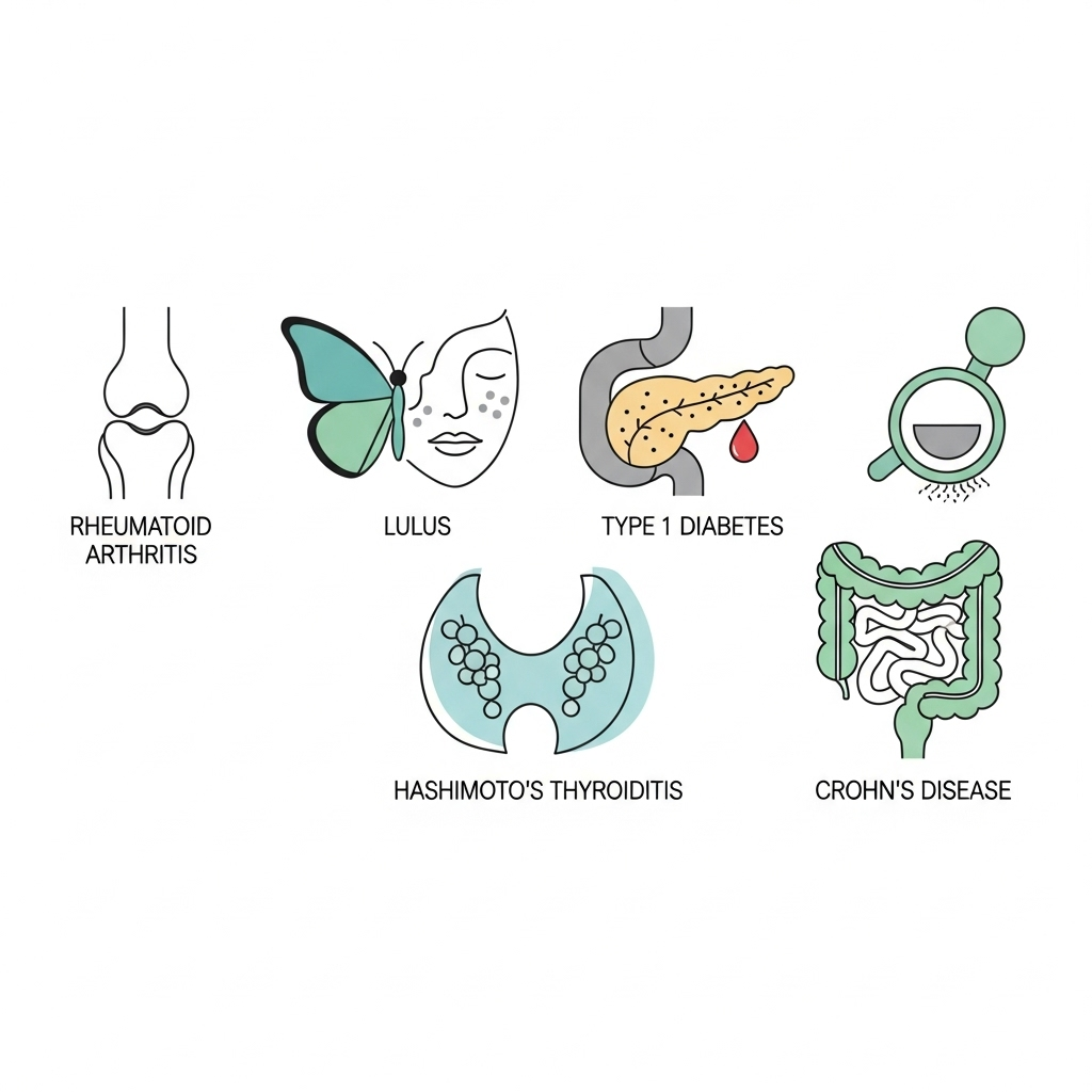An infographic showing 5 different icons representing various autoimmune diseases like rheumatoid arthritis (joint), lupus (butterfly rash on face), type 1 diabetes (pancreas), Hashimoto's thyroiditis (thyroid gland), and Crohn's disease (intestine). Each icon is distinct and informative. Style: clean infographic. No text.