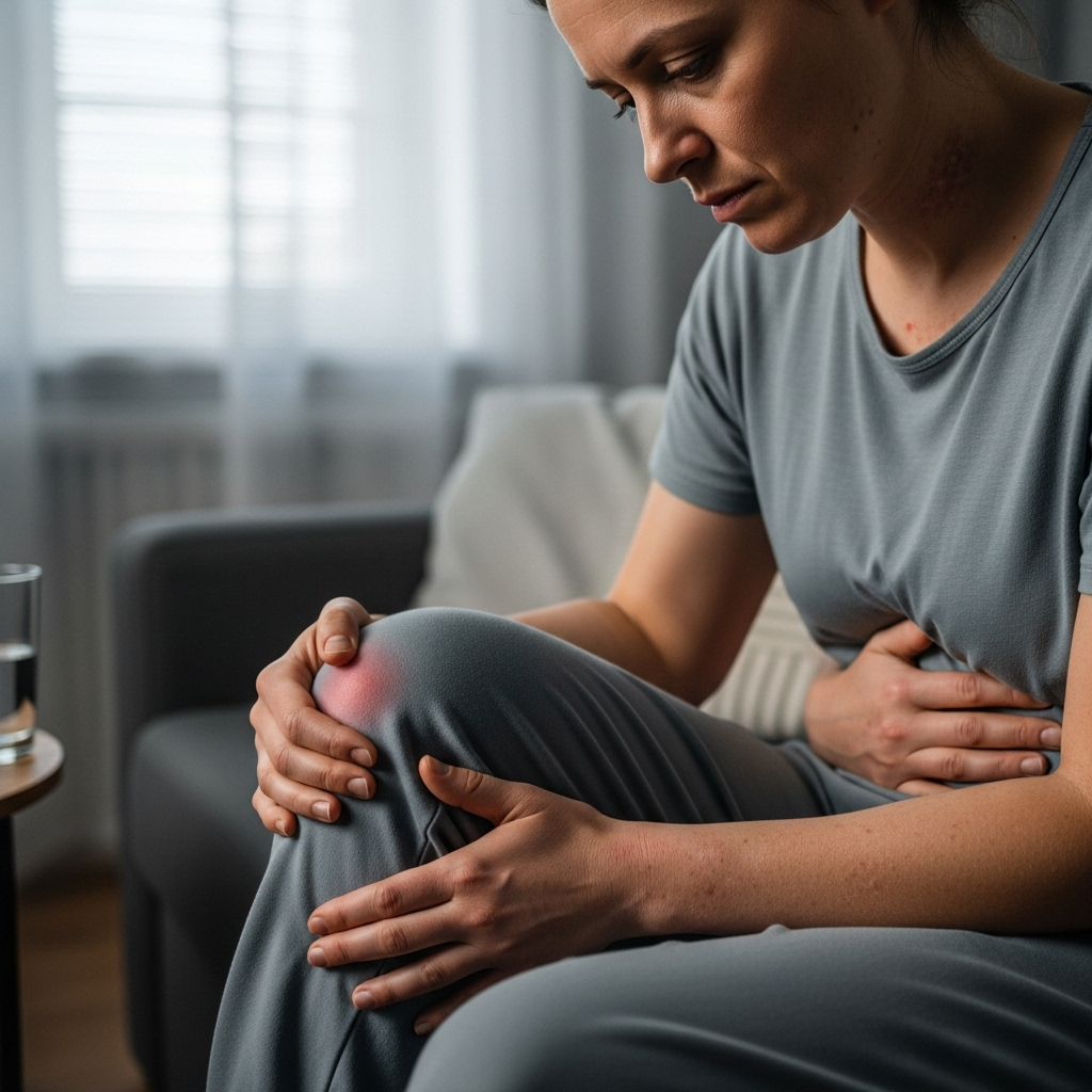 A person looking tired and listless, with subtle indications of skin rash, joint pain (holding hand/knee), and digestive discomfort. The overall mood is slightly subdued, hinting at chronic symptoms. Style: lifestyle photography. No text.