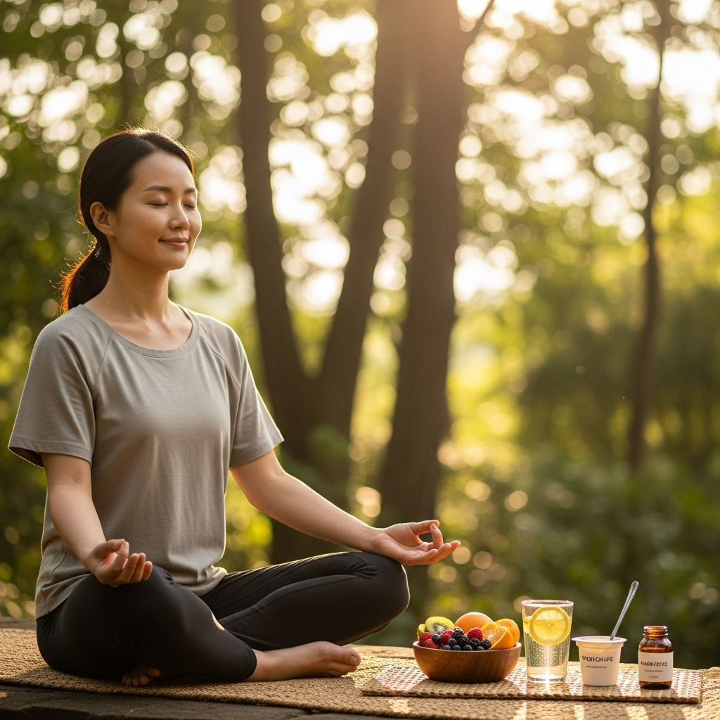 A serene image of a Korean person practicing gentle yoga outdoors, surrounded by nature, symbolizing stress relief and healthy lifestyle. Beside them, there are elements representing balanced diet and probiotics. Style: lifestyle photography. No text.