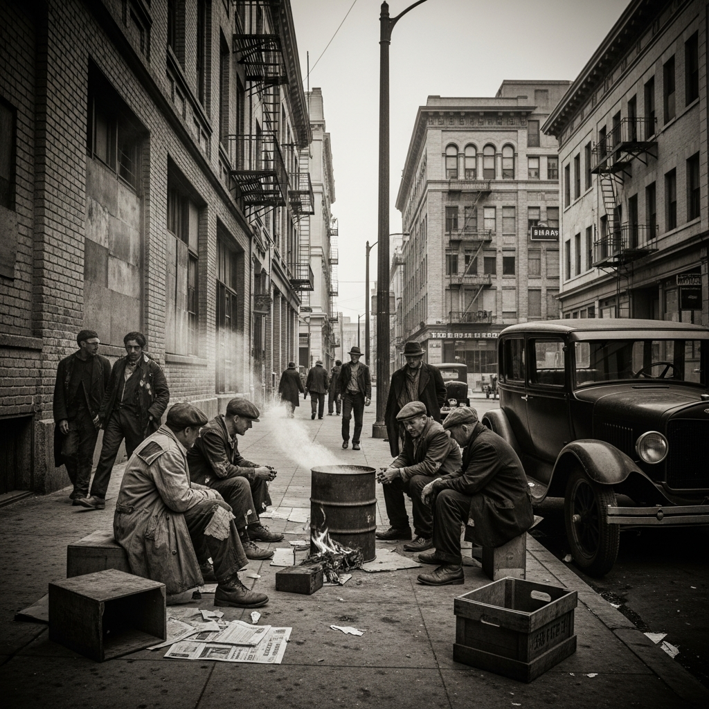 1930s Great Depression era urban street scene with declining buildings, homeless people, economic hardship atmosphere, historical photography style, Los Angeles downtown, weathered architecture, realistic period details, no text