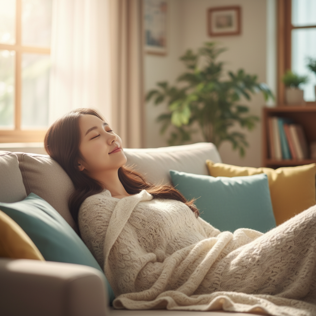 A calm Korean woman resting at home, a soft blanket draped over her, subtle warm light from a window, peaceful atmosphere, lifestyle photography, blurred colored background, no text