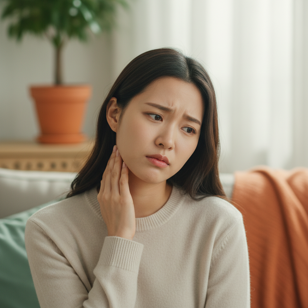 A Korean person looking concerned while gently touching their neck, reflecting worry about health, with a soft, warm background, natural expression, no text, lifestyle photography