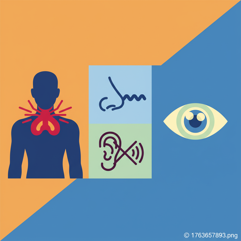 Clean infographic showing various medical symptoms like a red area on the neck for lymph nodes, a blocked nose icon, an ear icon for hearing loss, and a blurry eye icon for double vision, using high contrast colors and a modern layout, no text, colored background