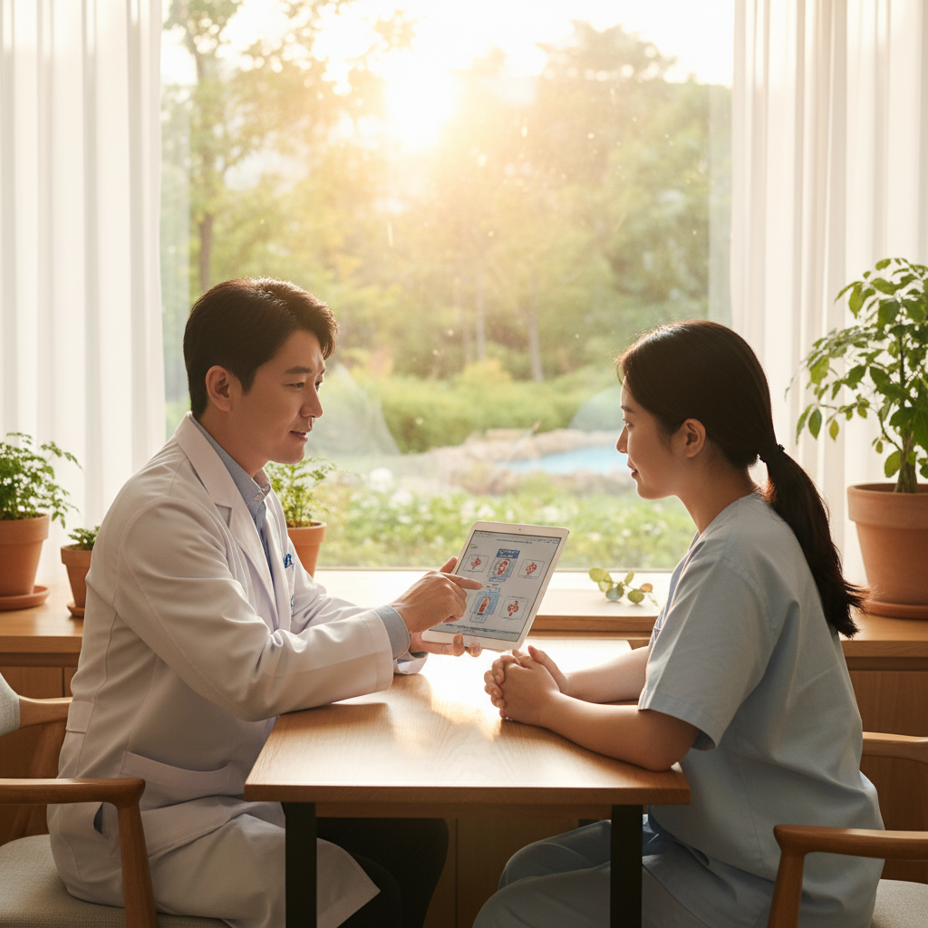 A professional Korean doctor explaining treatment options to a patient in a calm hospital setting, focusing on communication and care, warm lighting, natural setting, no text, lifestyle photography