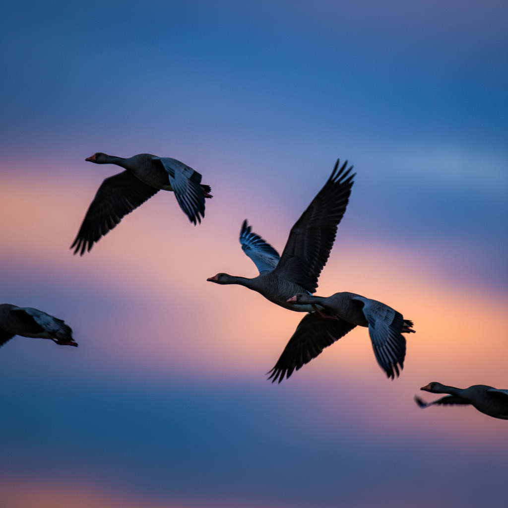 A close-up of birds in a V-formation, showing one bird moving from the front to a rear position, dynamic movement, colored background, no text