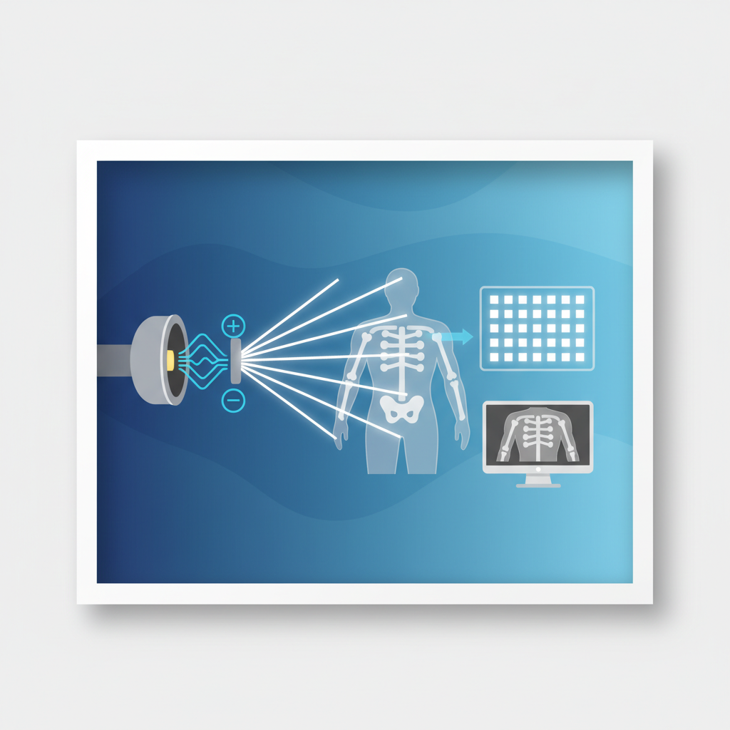 Clean infographic showing the principle of X-ray generation and digital detection, high contrast, modern layout, textured gradient background, no text.