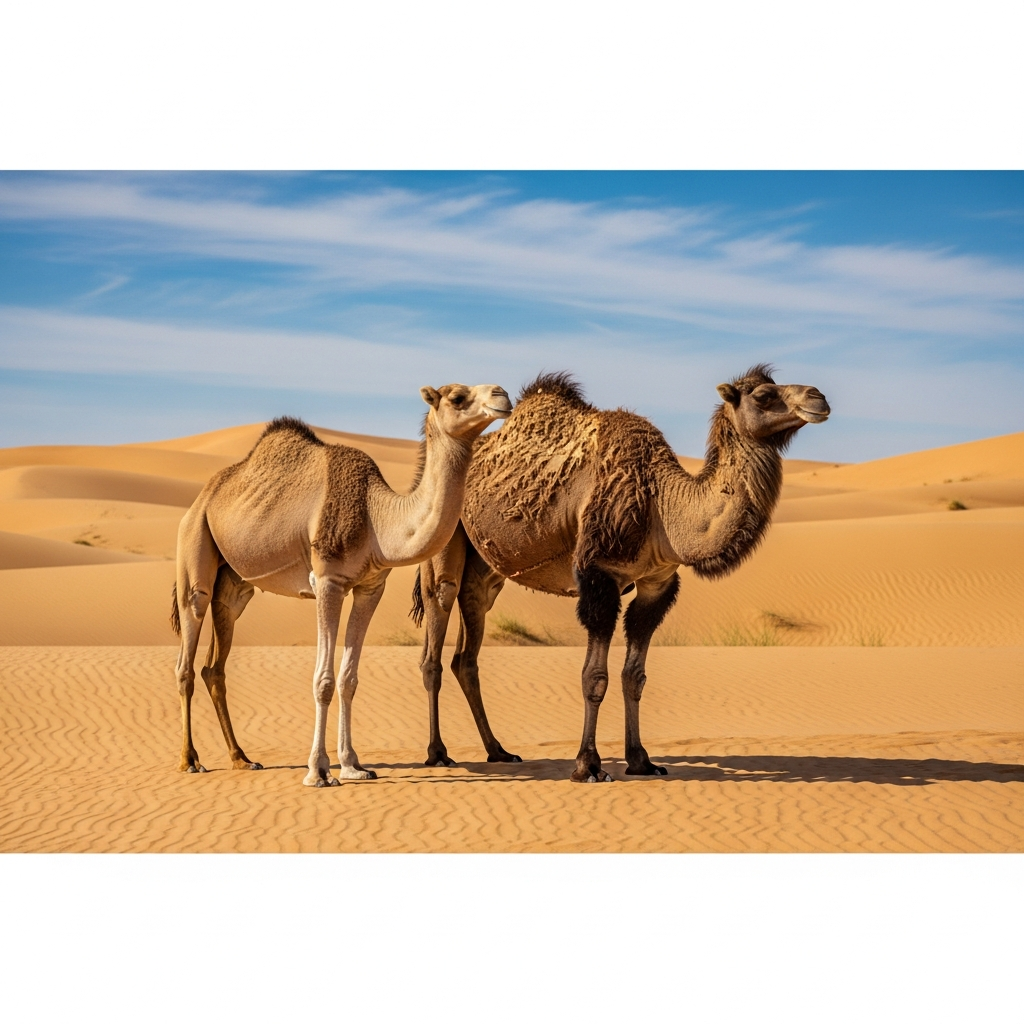 Two camels standing side by side in a desert landscape - one with a single hump and one with two humps. Golden sand dunes in background, clear blue sky, realistic wildlife photography style, no text.