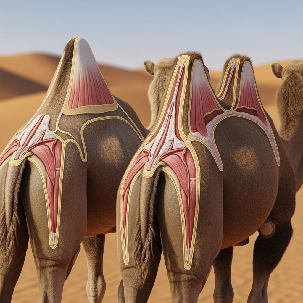 Close-up anatomical comparison illustration showing the back and hump structure of single-humped and double-humped camels. Realistic detail, scientific style infographic, desert background, no text.