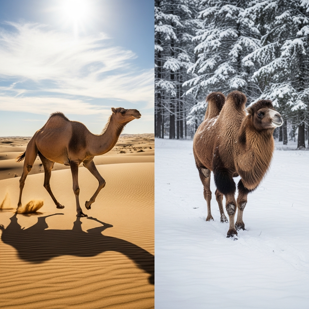 Dynamic scene showing a single-humped camel running across golden sand dunes under bright sunlight, and separately a double-humped camel walking through snowy landscape. Realistic wildlife photography, contrasting environments, no text.