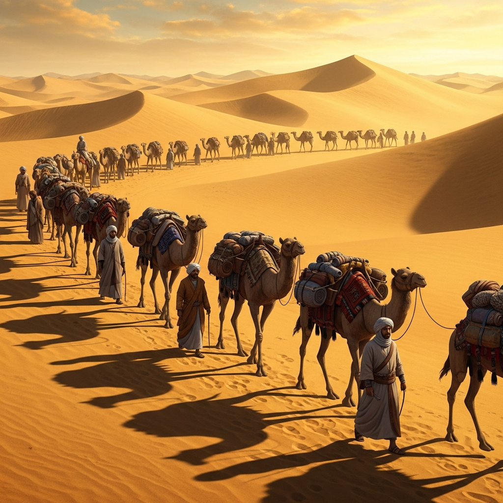 Traditional caravan scene with merchants traveling across desert dunes with loaded camels, warm golden sunlight, traditional clothing, realistic historical illustration style, no text.