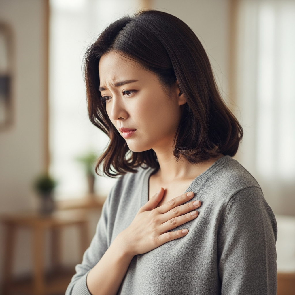 A young Korean woman feeling tightness in her chest, looking concerned. The background is slightly blurred, suggesting an everyday setting like a home or office. Natural lighting, soft colors, lifestyle photography. No text.