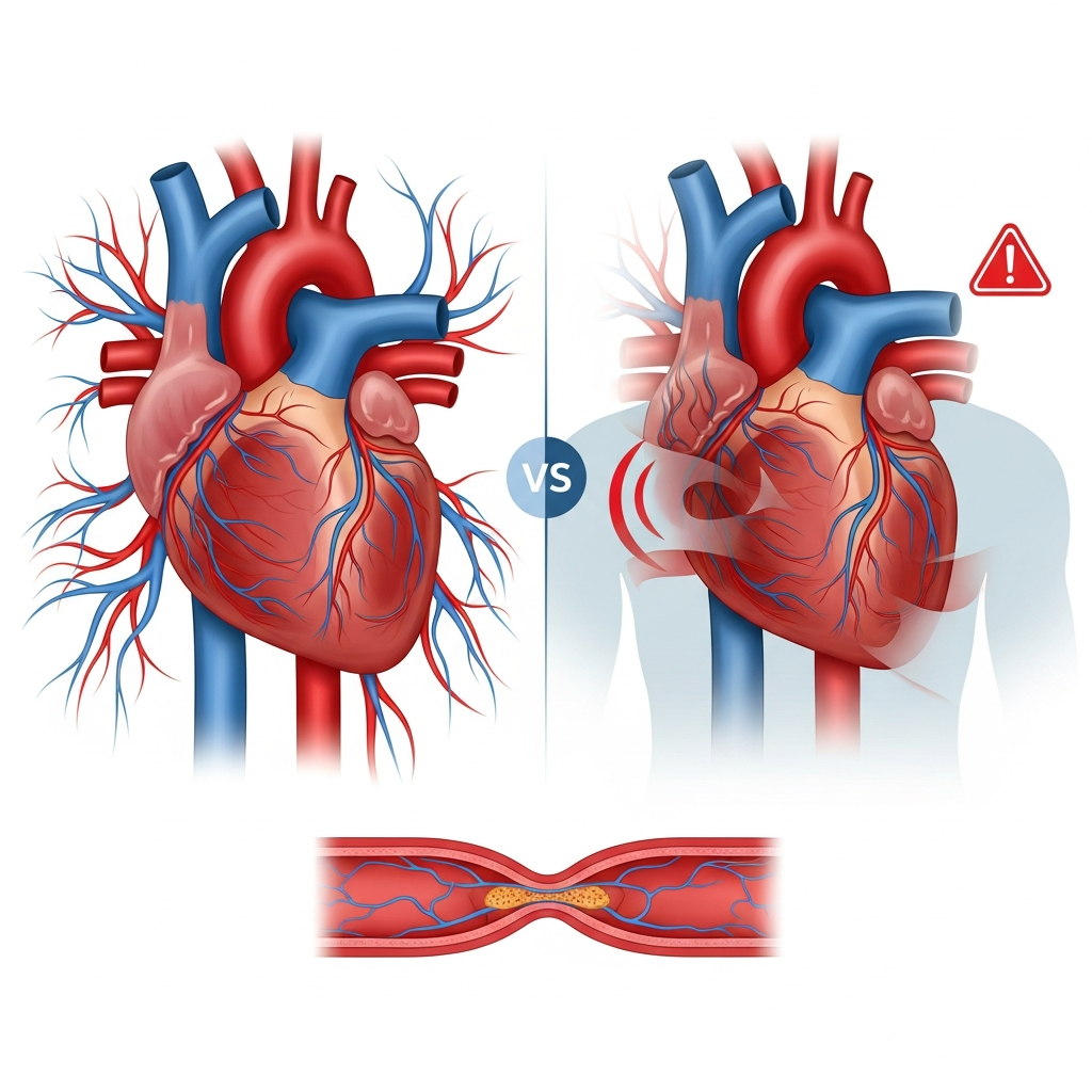 An infographic showing a healthy heart versus a heart with narrowed arteries, illustrating symptoms like chest tightness. Include simplified diagrams of blood vessels and a subtle warning sign. Style: clean infographic. No text.