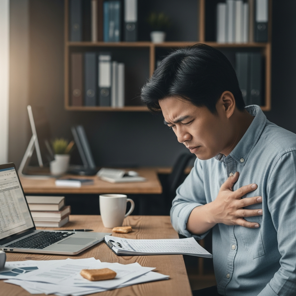 A tired Korean person sitting at a desk, looking stressed and holding their chest lightly, suggesting a feeling of tightness. The scene is an office or study, with a slightly cluttered background indicating pressure. Style: candid lifestyle photography. No text.