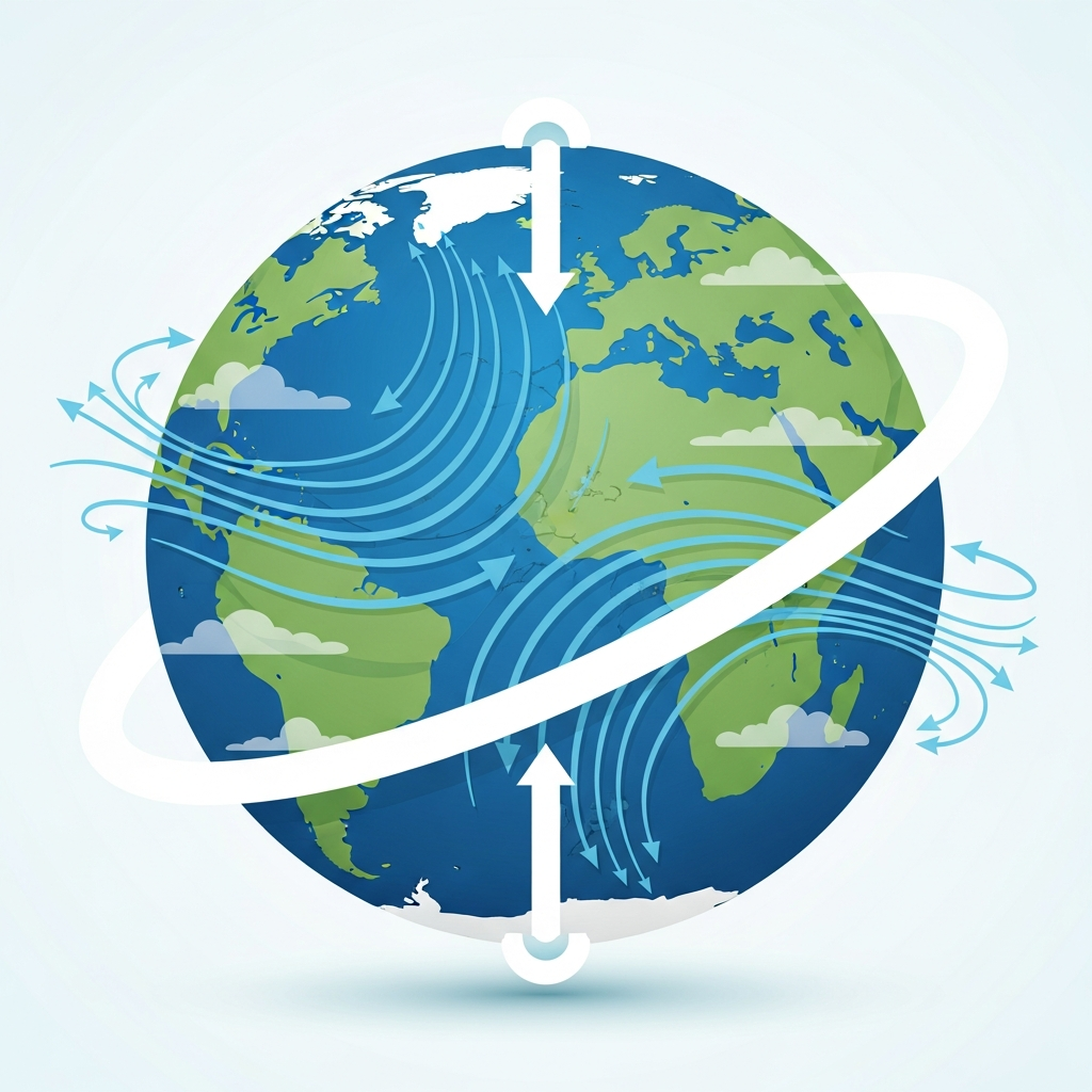 Illustration of Earth with wind patterns and rotation arrows showing how Coriolis effect deflects wind currents. Display Northern and Southern hemisphere differences with curved wind arrows. Educational infographic style, no text.