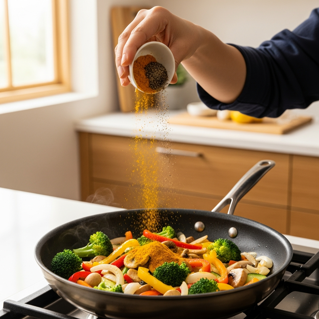 A Korean person's hand sprinkling golden turmeric powder and black pepper into a pan with healthy vegetables cooking. The kitchen is modern and warm, emphasizing natural light. The focus is on the spices and cooking process, showing a healthy lifestyle. Style: lifestyle photography. No text.