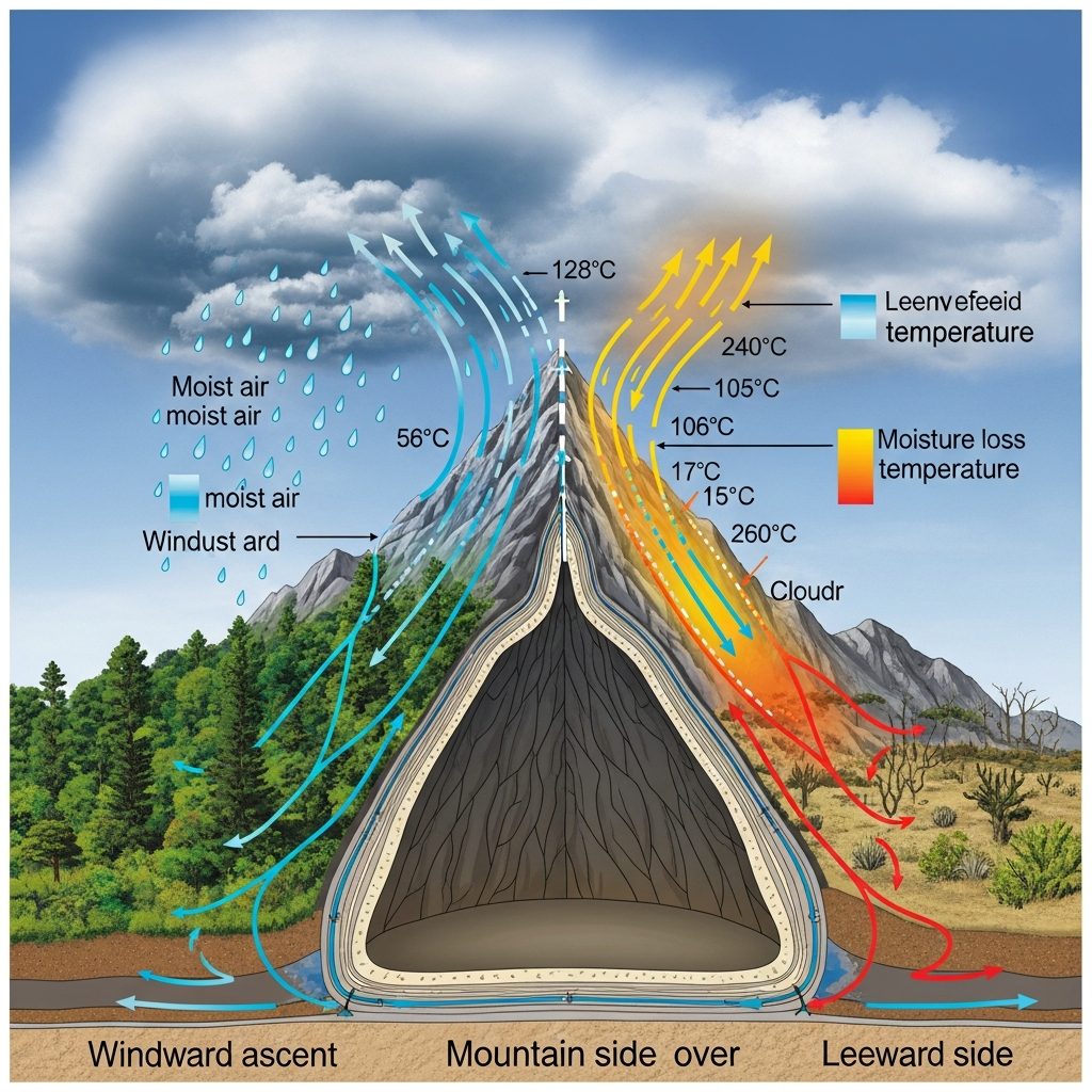 Cross-section diagram showing warm, dry wind flowing over a mountain, with moisture loss and temperature changes illustrated. Show vegetation differences on windward and leeward sides. Educational scientific illustration, no text.