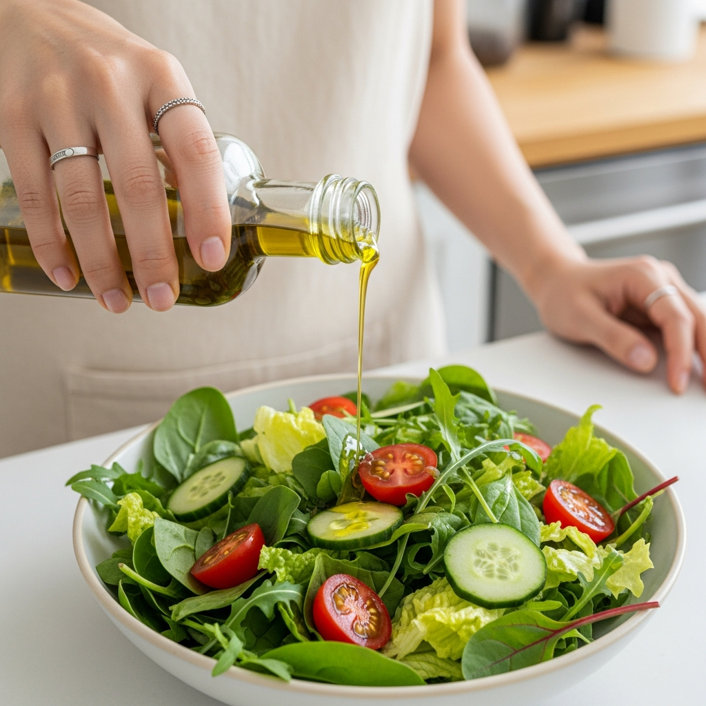 A close-up shot of a fresh, colorful salad with various green leaves, cherry tomatoes, and cucumber. A Korean person's hand is drizzling extra virgin olive oil over the salad from a glass bottle. The background is a clean, modern kitchen. Style: lifestyle photography. No text.