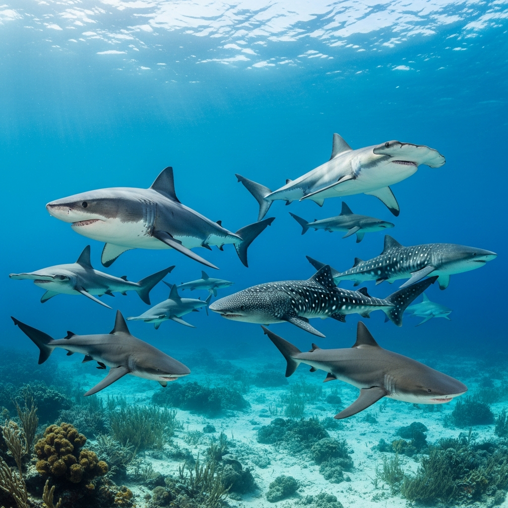 Underwater scene showing various shark species swimming together in clear blue ocean water. Include different types of sharks with distinct features and sizes. Natural lighting filtering through water, realistic marine environment, no text.