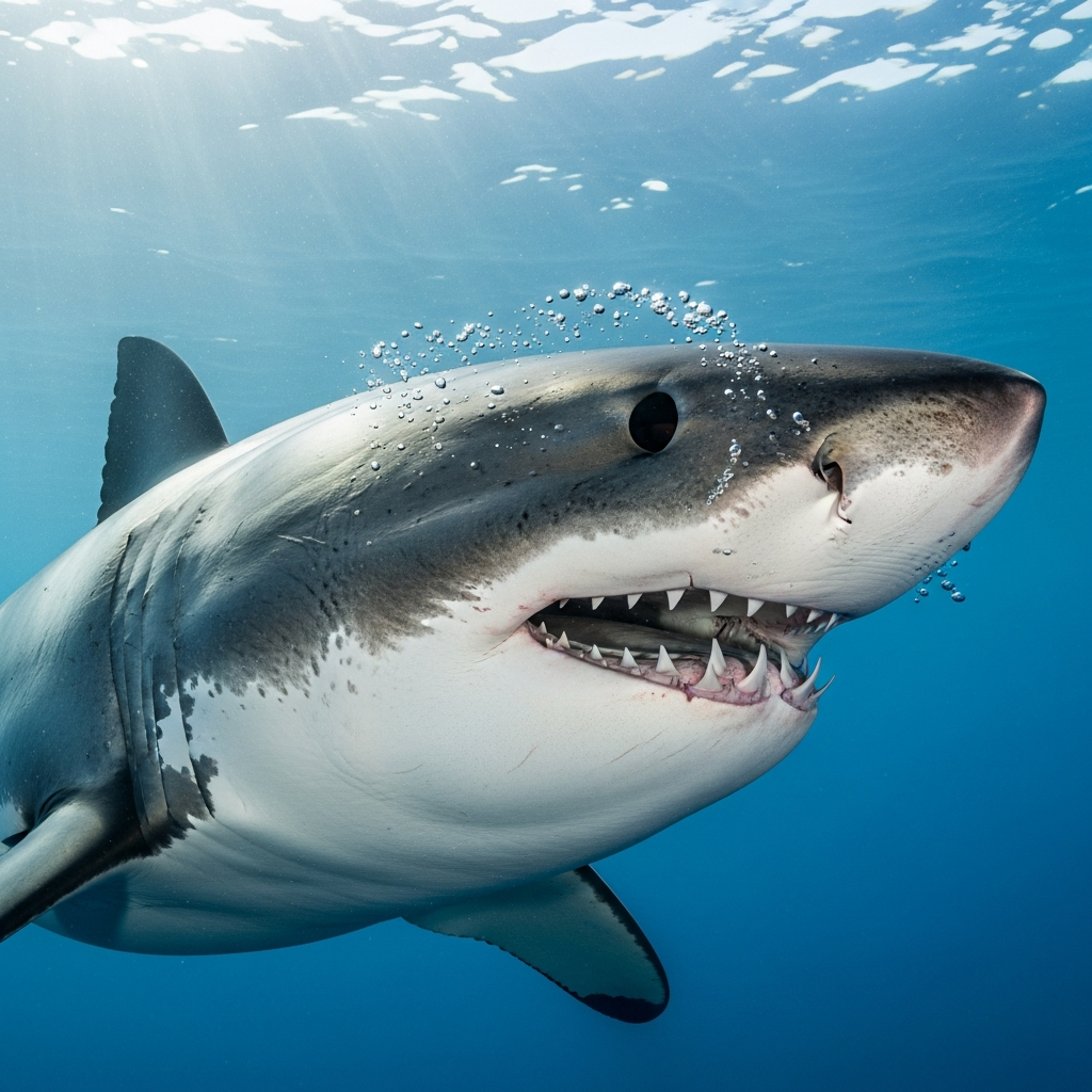Close-up of a great white shark in clear blue ocean water, showing its distinctive features, sharp teeth, and powerful body. Realistic marine photography style with natural ocean lighting, no text.