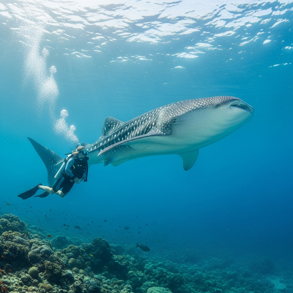 Underwater scene of a whale shark swimming peacefully near a diver, showing the massive but gentle nature of the whale shark. Tropical blue water, natural lighting, realistic marine environment, no text.