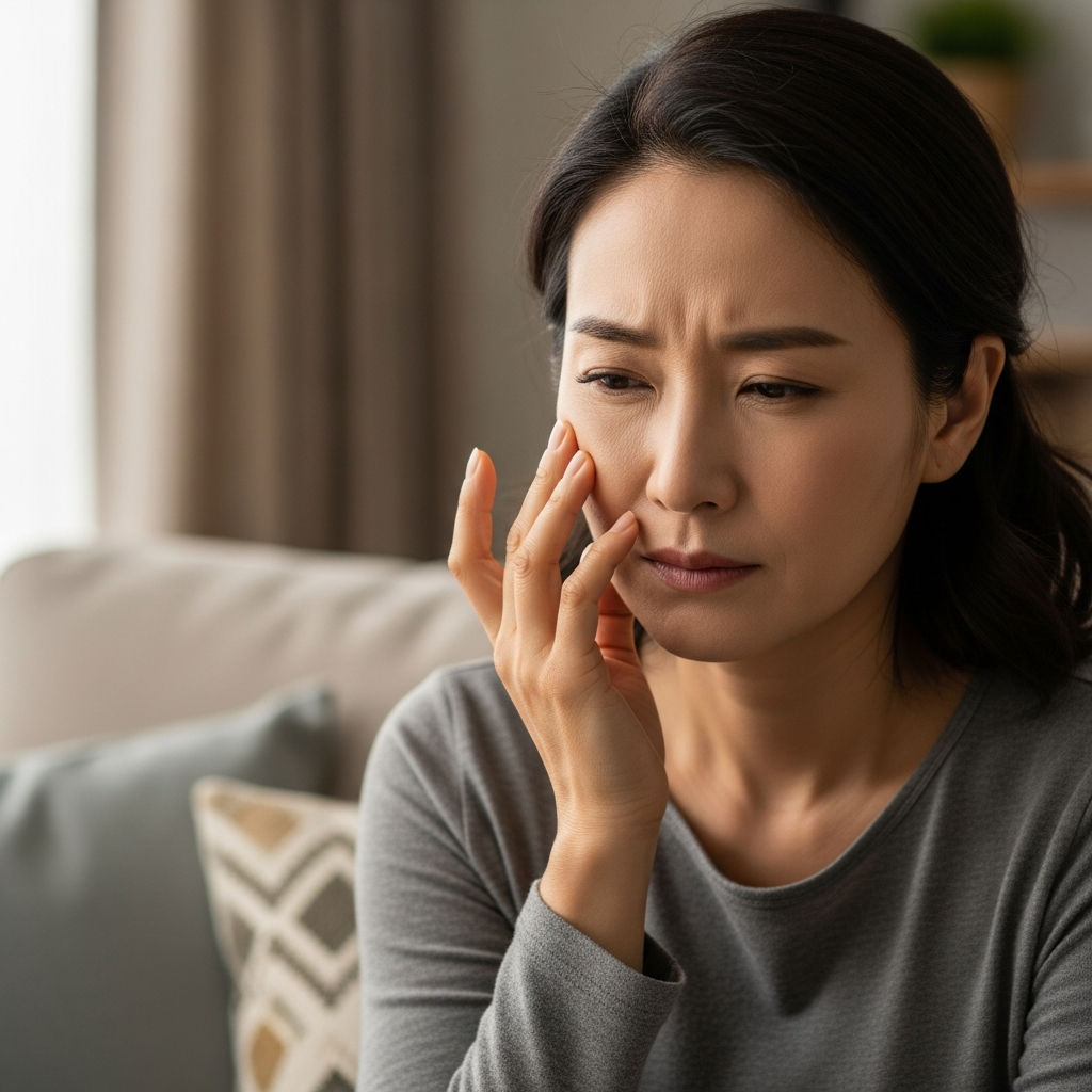 A Korean woman in her 40s gently touching one side of her face with a pained expression, sitting in a softly lit, comfortable living room. The atmosphere is empathetic and somewhat somber. Lifestyle photography, natural lighting, no text.