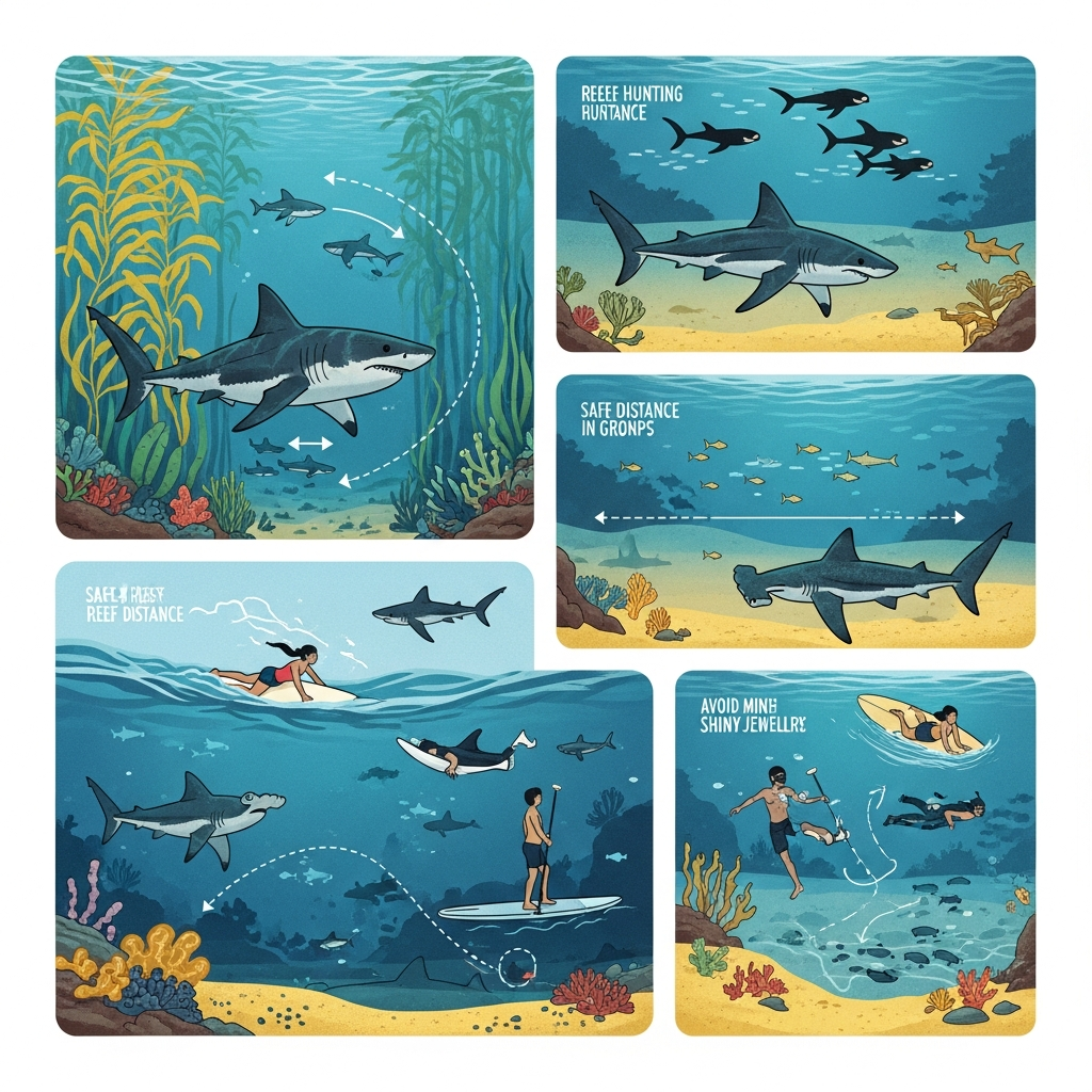 Educational infographic showing shark behavior patterns and safety tips for ocean activities. Include underwater scenes with sharks and people maintaining safe distance. Clean, informative design with natural ocean colors, no text.