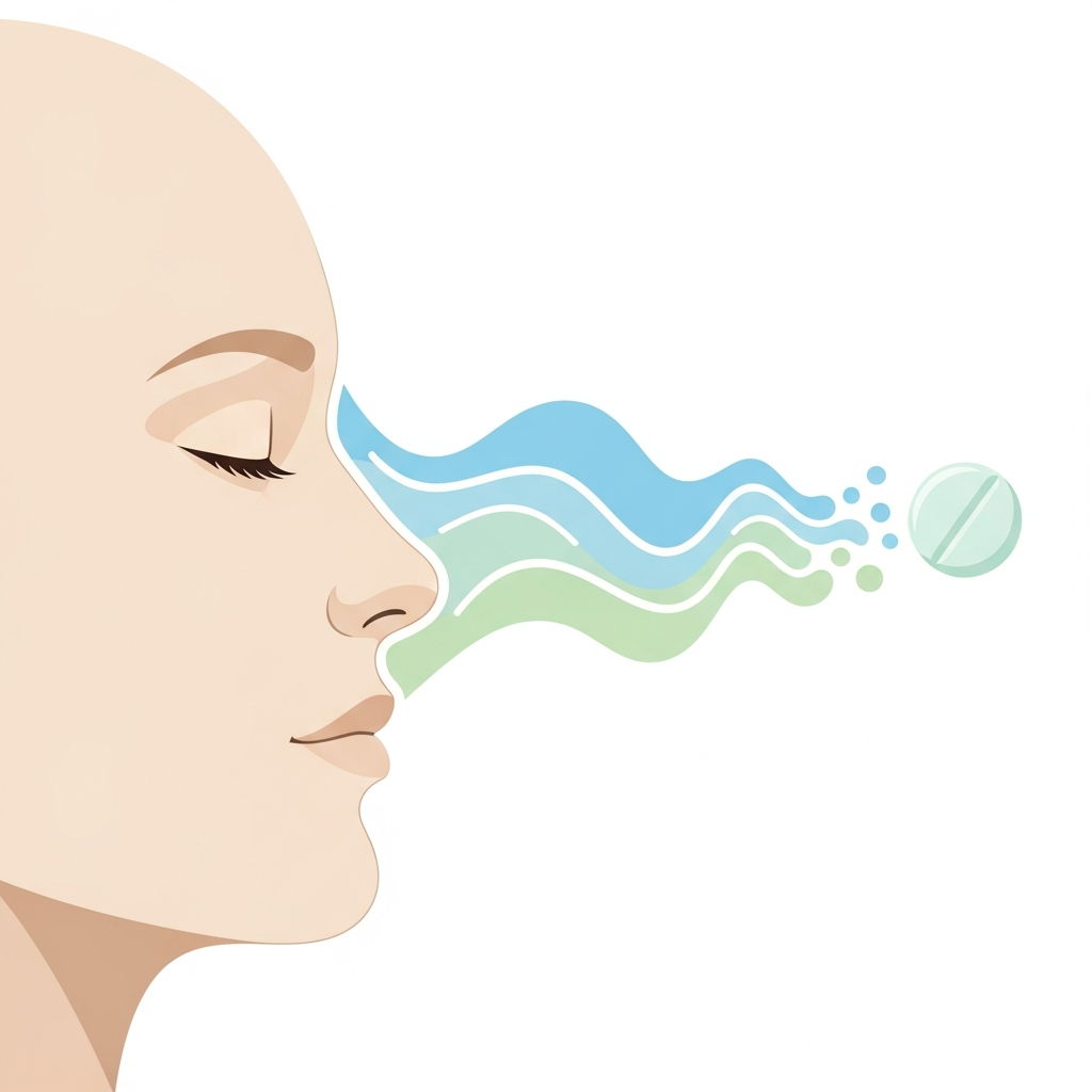 A stylized infographic showing a calm human face on one side and a pill dissolving, with gentle waves (representing nerve calming) flowing towards the face from the pill. Clean infographic style, soft colors, no text.