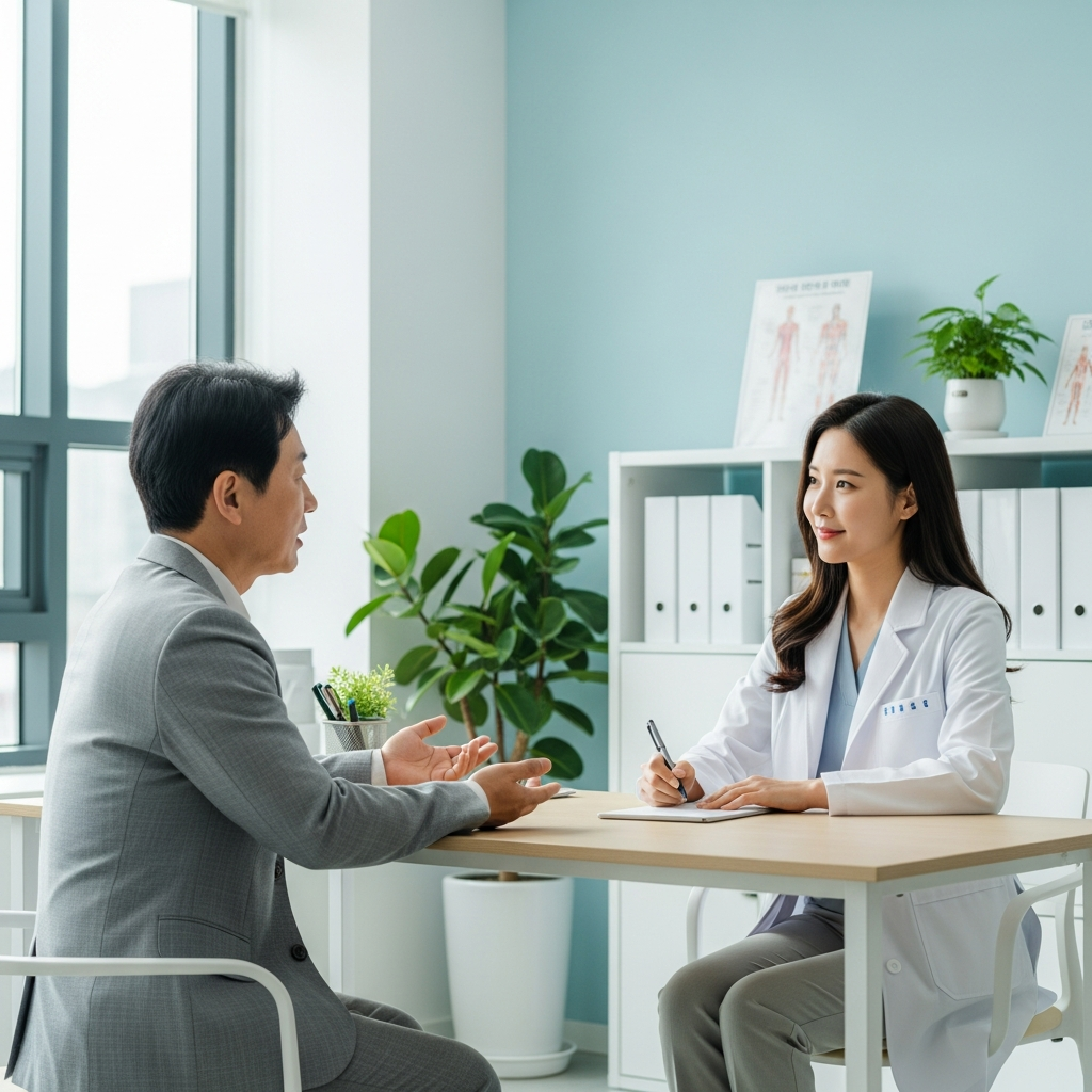 A Korean patient in their 50s talking to a female Korean doctor about medication side effects in a bright, modern clinic office. The doctor is listening attentively and taking notes. Lifestyle photography, clear and professional setting, no text.