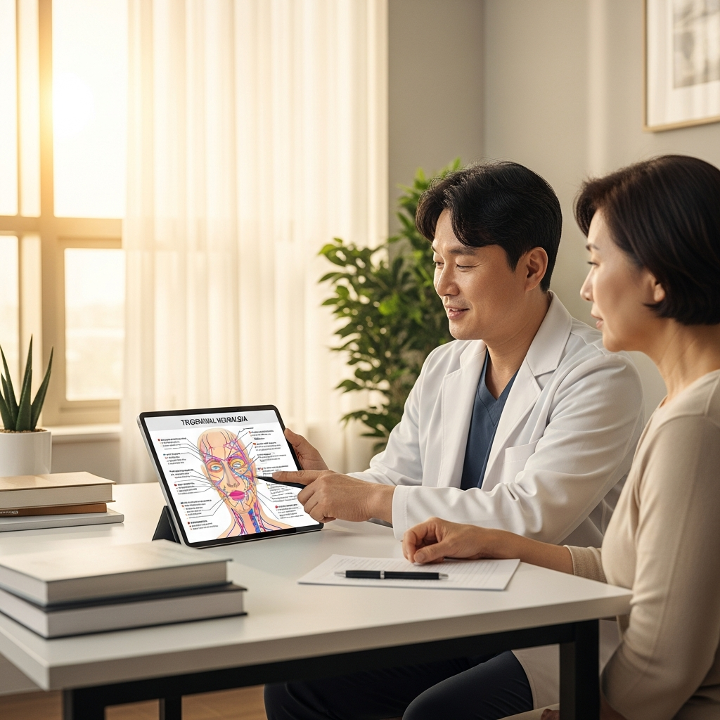 A knowledgeable Korean doctor and a patient reviewing different trigeminal neuralgia treatment options on a digital tablet in a consultation room. The atmosphere is calm and informative. Lifestyle photography, modern clinic setting, no text.
