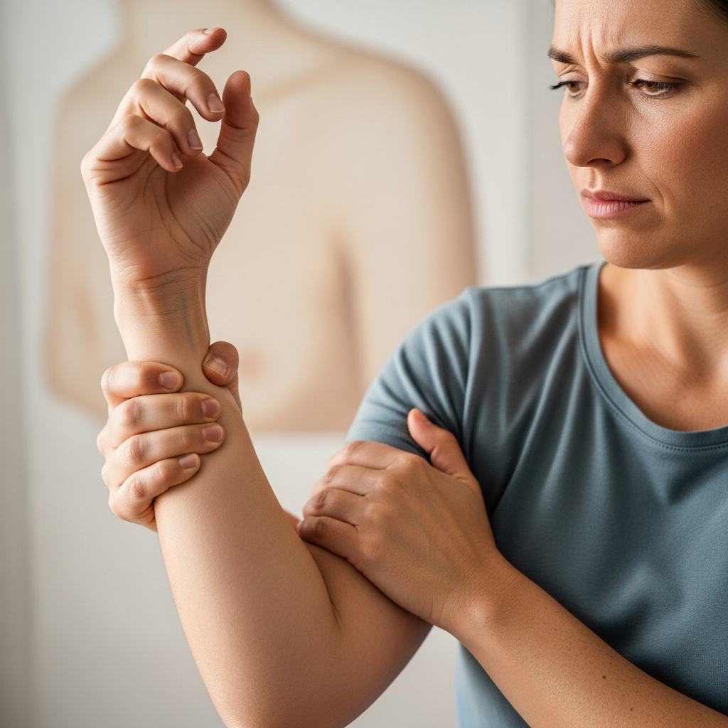A realistic image of a person holding their arm, showing discomfort or numbness in the arm and pinky finger. The background vaguely suggests the shoulder and chest area where the compression occurs. Style: lifestyle photography, natural lighting, no text.