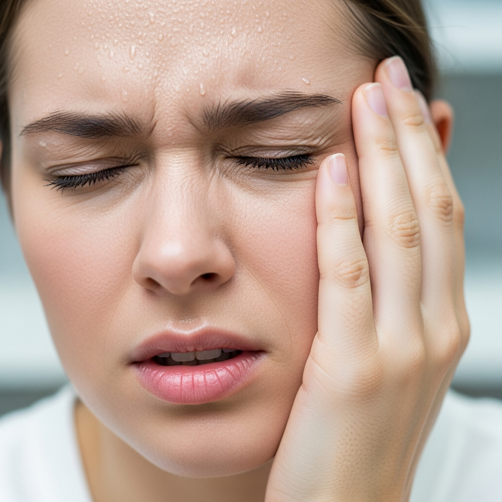 Close-up of a woman holding her face in pain, showing discomfort on one side of the face. Realistic facial expression, indoor lighting, natural skin tones, clinical yet empathetic atmosphere. No text.